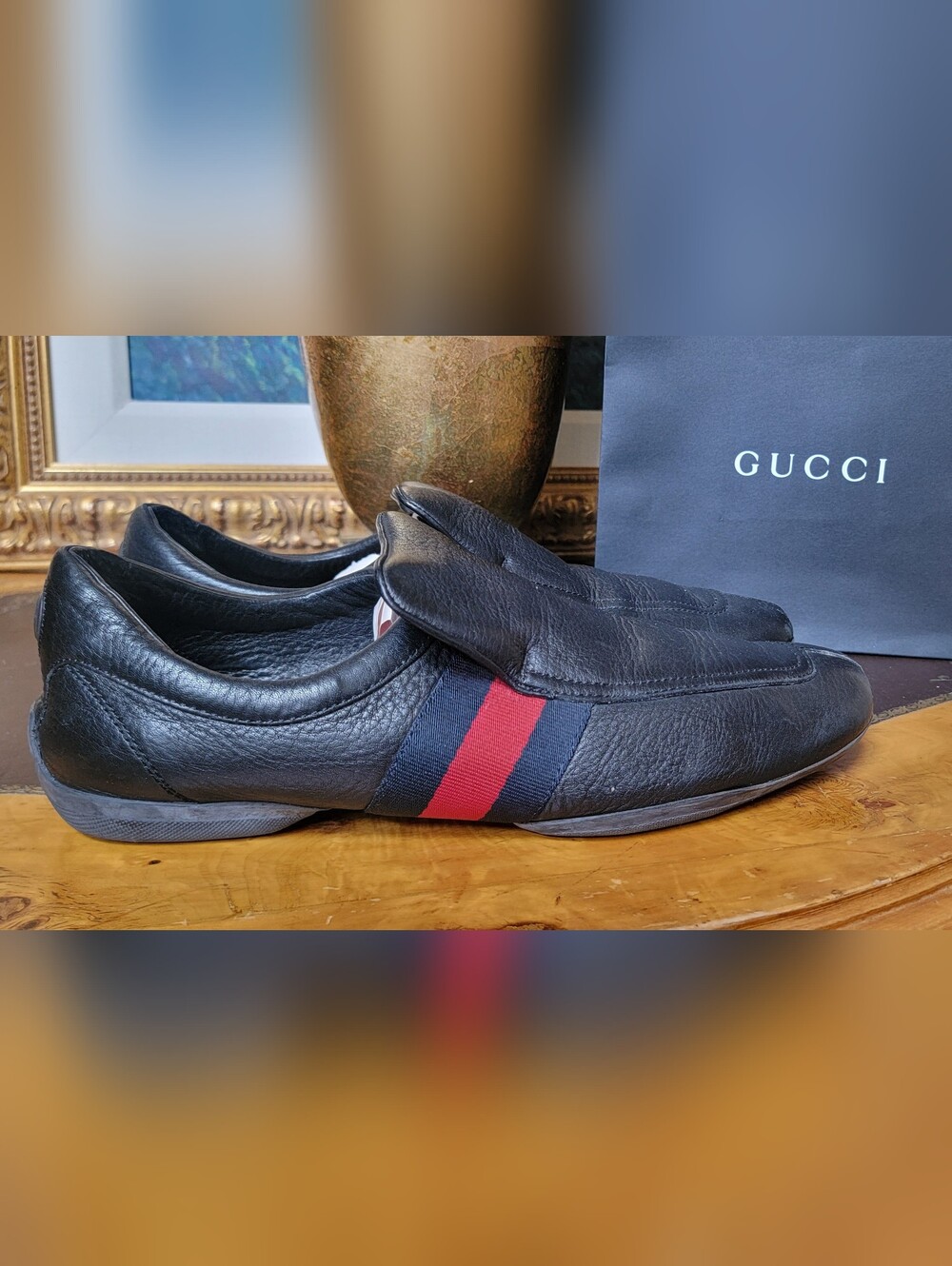 Men's Gucci Black Leather Slip-On Loafers with Red & Blue Web Stripe 10.5